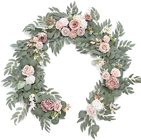 Ling's Moment Artificial Eucalyptus Garland with Flowers 6FT, Wedding Table Garland with Flowers Handcrafted Wedding Centerpieces for Rehearsal Dinner Bridal Shower | Dusty Rose