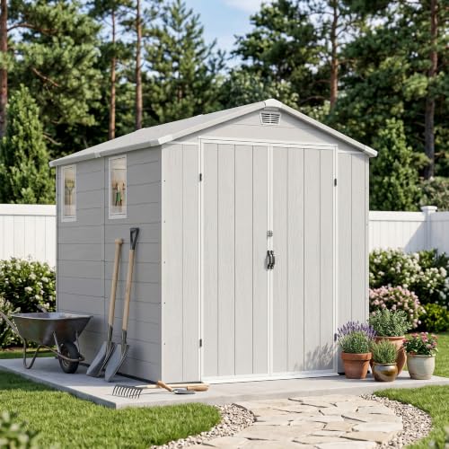 Image of Devoko 6x8 FT Resin Outdoor Storage Shed with Floor, Plastic Garden Shed | Waterproof Tool Storage Shed with Lockable Door and with Window for Backyard, Patio, Lawn, Light Gray
