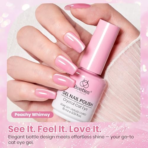 Image of Beetles Peachy Whimsy Pink Cat Eye Gel Nail Polish - 15ML Full Size Glitter Pink Cat Eye Spring Gel Polish Magnetic Shimmer Effect Soak Off UV Nail Art Design Salon DIY Manicure Gift for Women