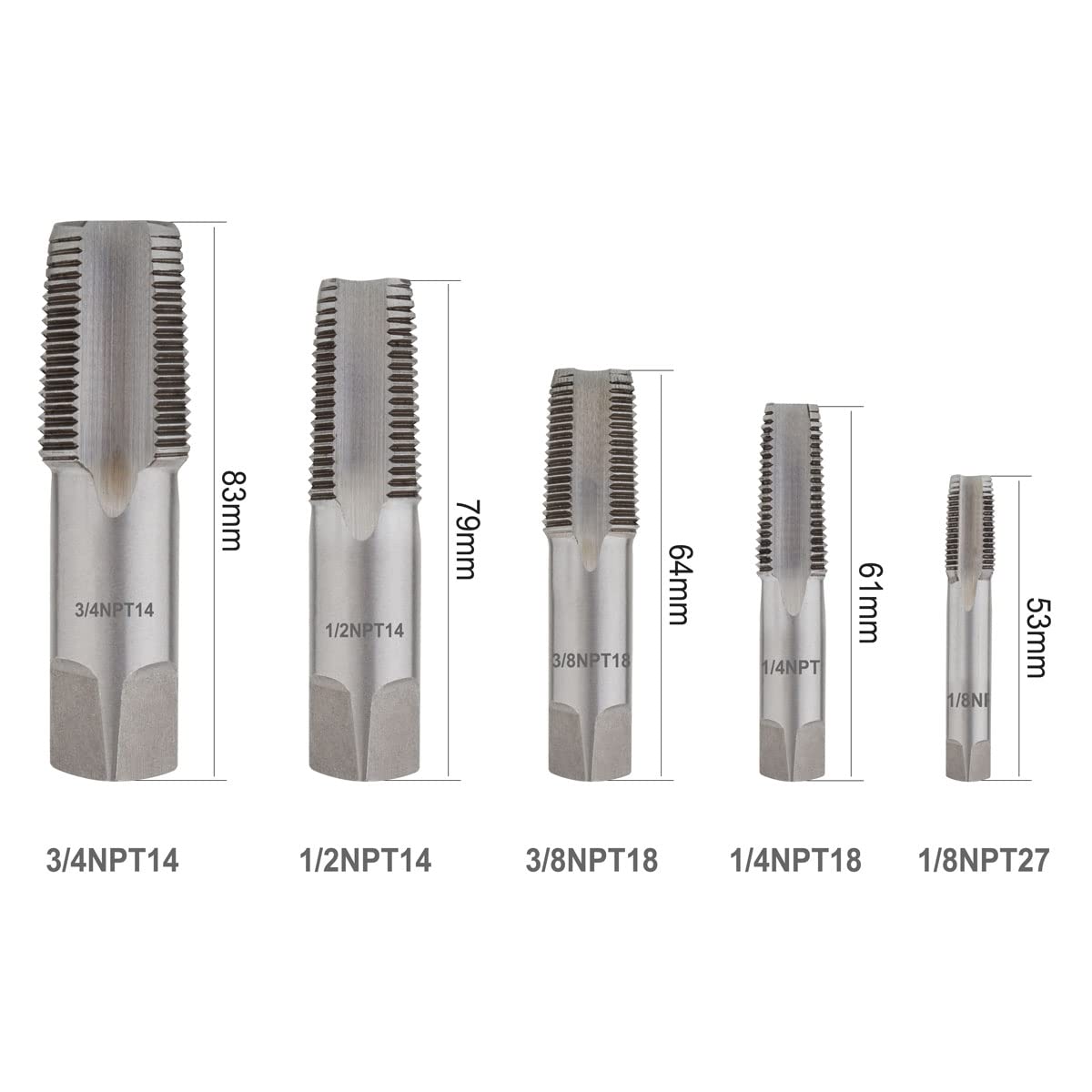 Gunpla Set di Maschi a Tubo NPT 5 pezzi 1/8", 1/4", 3/8", 1/2", 3/4", Rubinetto Filettato per Filettare, Kit Filettatura per Pulire o Rifilare Filettature di Tubi Danneggiate o Inceppate