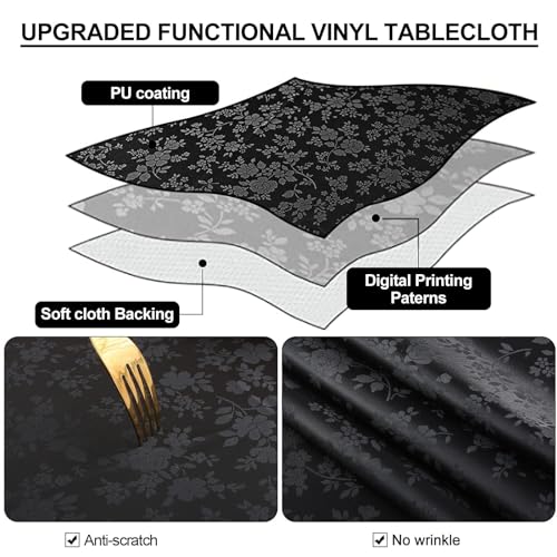 Image of Smiry Rectangle Table Cloth, Waterproof Heavy Duty Vinyl Tablecloths, Wipeable Washable Table Cover for Kitchen and Dining Room (Black, 70 inch X 90 inch)