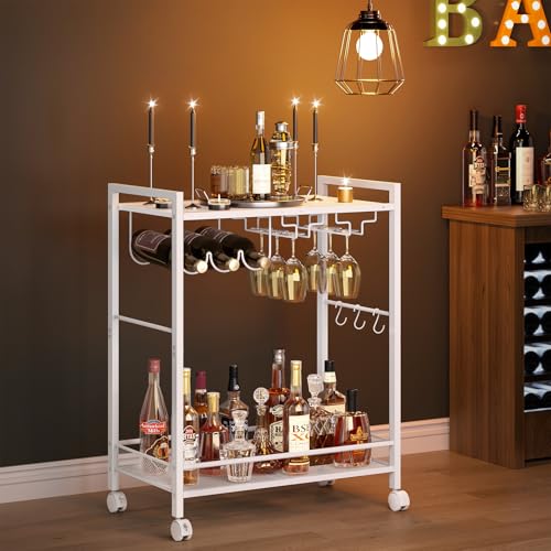 Image of Joaxswe Bar Cart,2-Tier Home Bar Serving Cart with Lockable Wheels,White