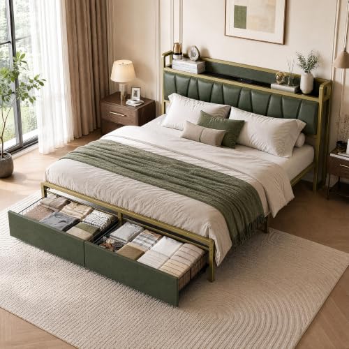 Image of LIKIMIO California King Size Bed Frame with 2 Drawers and Charging Station | Platform Bed with Upholstered Storage Headboard, No Box Spring Needed, Easy Assembly, Sturdy, Green