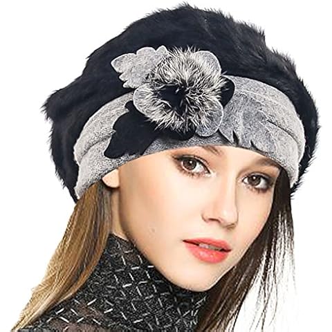 VECRY Women Wool Beret Angola Knit Beanie Skull Cap Dress Winter Hats (Black)(Size:M) Cover