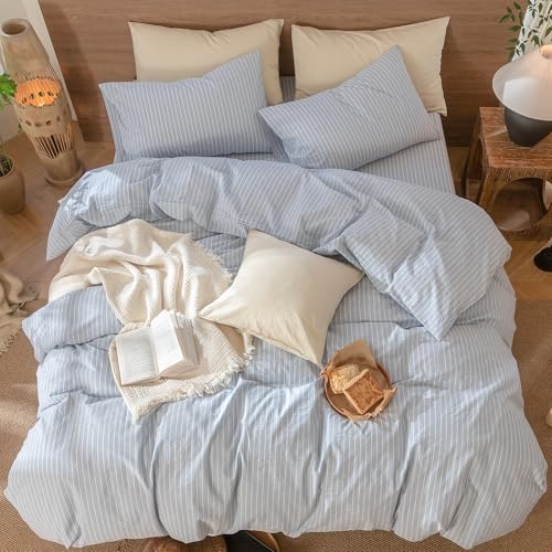Image of MooMee Striped Duvet Cover Set 100% Washed Cotton Linen Like | Relaxed Linen-like Texture. Soft, Breathable & Long-lasting Comfort. Lightweight. Hidden Zipper with 8 Interior Corner Ties