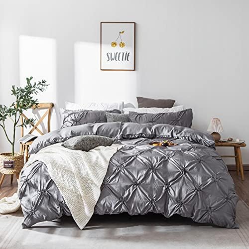 Insidespace Pinch Pleated Duvet Cover King Size Light Gray Luxurious Bedding Set 3 Pieces with Hidden Zipper, Corner Strap Super Soft and Comfortable Smooth Fabric (1 Quilt Cover and 2 Pillowcase)