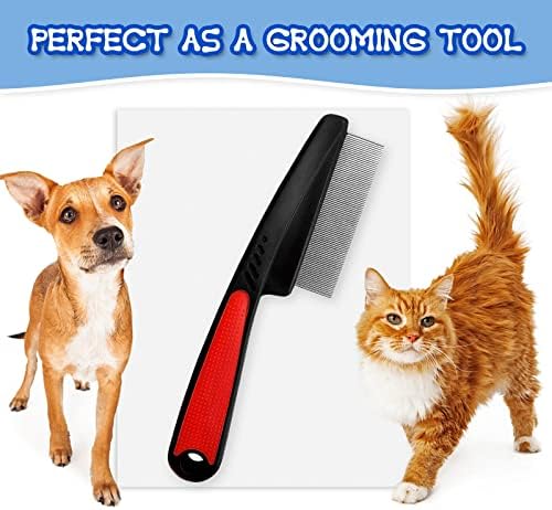 ExceLife Flea Comb for Dogs Cats, Rubber Handle Dog Hair Comb Stainless Steel Grooming Brushes for Removing Tear Stains, Fleas, Dandruff, Lice (Red)