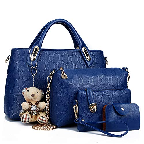4 Pieces Handbag Set, Women Fashion Bear PU Leather Handbag Top Handle Satchel Hobo Large Messenger Tote Bag + Purse + Shoulder Bag + Key Chain Card Holder