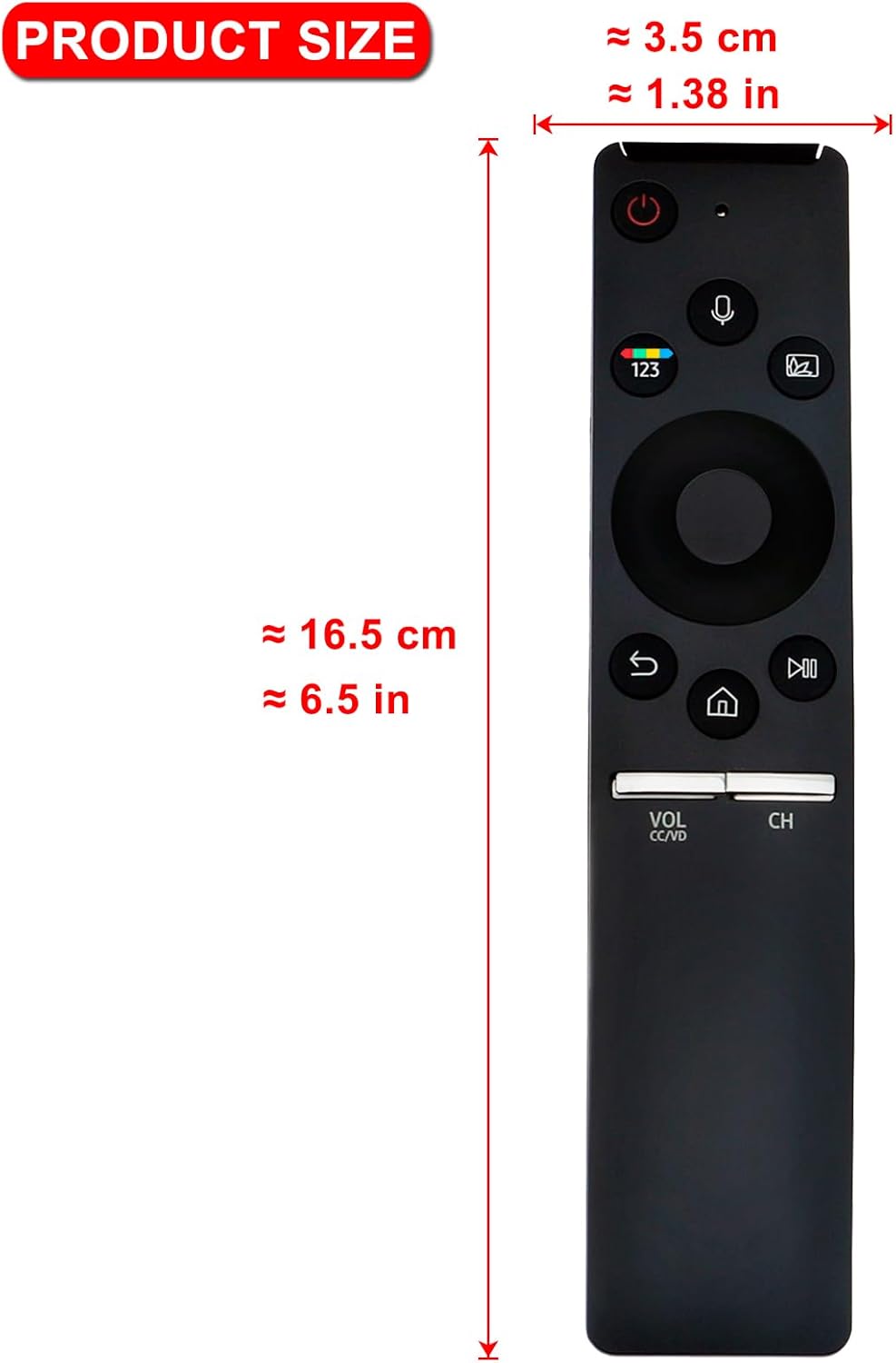 Image showing the dimensions of the remote control, approximately 16.5 cm (6.5 inches) in length and 3.5 cm (1.38 inches) in width.