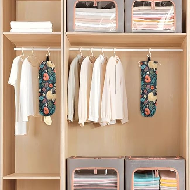 Flower with Pug Plastic Bag Holder, Large Grocery Bags Dispenser Washable Shopping Bags Carrier for Home Kitchen Decor, 2Pcs