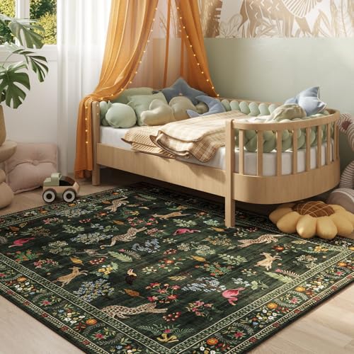 Area Rugs 8x10 Rug for Living Room Clearance Washable Boho Area Rug Non Slip Floral Animal Vintage Low Pile Large Rug for Living Room, Bedroom, Farmhouse, Dining Room, Kids Playroom (Green)