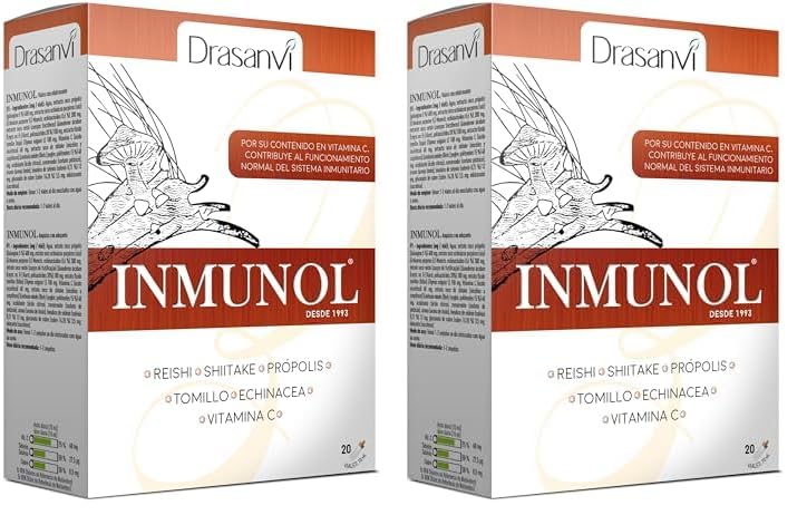 Drasanvi INMUNOL con Própolis, Tomillo, Reishi, Vitamina C, Shiitake y Echinacea | Ayuda a reforzar nuestro sistema inmunitario | Contiene Cobre y Selenio | Rápida absorción | 20 viales Sabor Limón