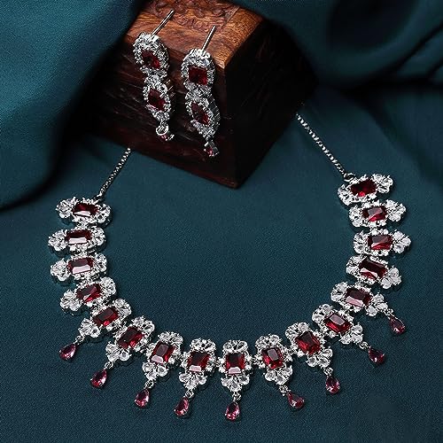 Rhodium Plated Square Shaped Silver Toned American Diamond Necklace Set
