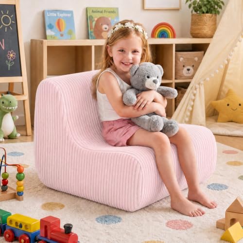 Image of DAICO Kids Bean Bag Chair Pink Ultra-Soft Toddler Bean Bag Sofa with Handle, Small Toddler Comfy Reading Lazy Lounger Foam Princess Chairs for Playroom or Bedroom - Birthday Gift for Boys and Girls