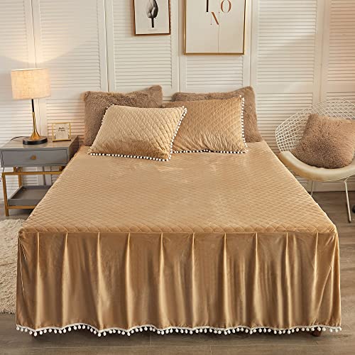 LIFEREVO Luxury Pom Poms Velvet Bed Skirt, Velvet Wrap Around Bed Skirt, Diamond Quilted Fitted Bed Sheet Bedskirt, 18 Inch Drop Dust Ruffle Decorative Bedspread Pompoms Fringe(Twin/Twin XL, Camel)