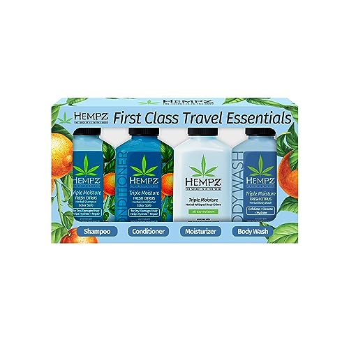 Hempz First Class Travel Essentials – Triple Moisture Fresh Citrus Herbal Conditioner, Moisturizer, & Body Wash for Traveling Bath or Shower, Hair & Skin Care for Women or Men, 4-Pack, 2.5 Oz Bottles