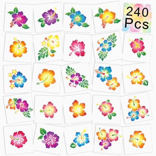 Nosiny 240 Pcs Hawaiian Temporary Tattoos Summer Glitter Hibiscus