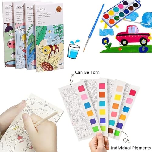 Image of GLUN Pack of 4, Watercolour Painting Notepad for Kids 12 Different Pages Each Book, Water Painting Book with Water Colour with Painting Brush, Different Theme