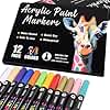 12 Acrylic Paint Pens with 24 Colours Brush Tip for Rock Painting Fabric Glass Stone Ceramic Wood Metal, Dual Tip Acrylic Markers for Adults and Kids, Paint Markers for Easter Egg Pumpkins Graffiti