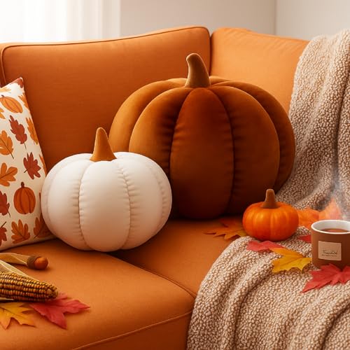 Yookeer 2 Pcs Fall Halloween Pumpkin Pillows, Velvet 3D Simulated Pumpkin Throw Pillow Soft Decorative Sofa Cushion for Thanksgiving Autumn Harvest Farmhouse Home Decor (White,Brown,7''+11&a...
