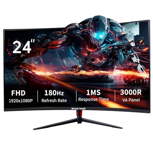Image of Great voell 24 inch Curved Gaming Monitor | 180Hz /1K FHD(1920 * 1080) Computer Monitor, 3000R Curved | AMD FreeSync for Tear-Free Gaming & Entertainment
