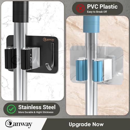 Image of CANWAY 2 Pieces (Black) Self Adhesive Heavy Duty Stainless Steel Wall Mounted Broom and Mop Stick Holder, No Drill Holders for Home, Kitchen, Garden, Laundry and Garage