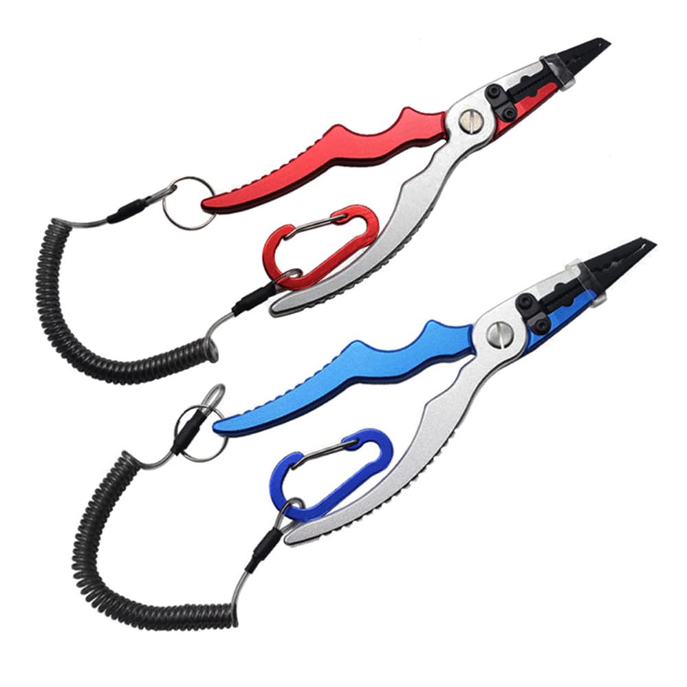 Alicates de pesca multifunción, color rojo de aluminio de aviación para anzuelos de pesca con cordón en espiral para entusiastas de la pesca
