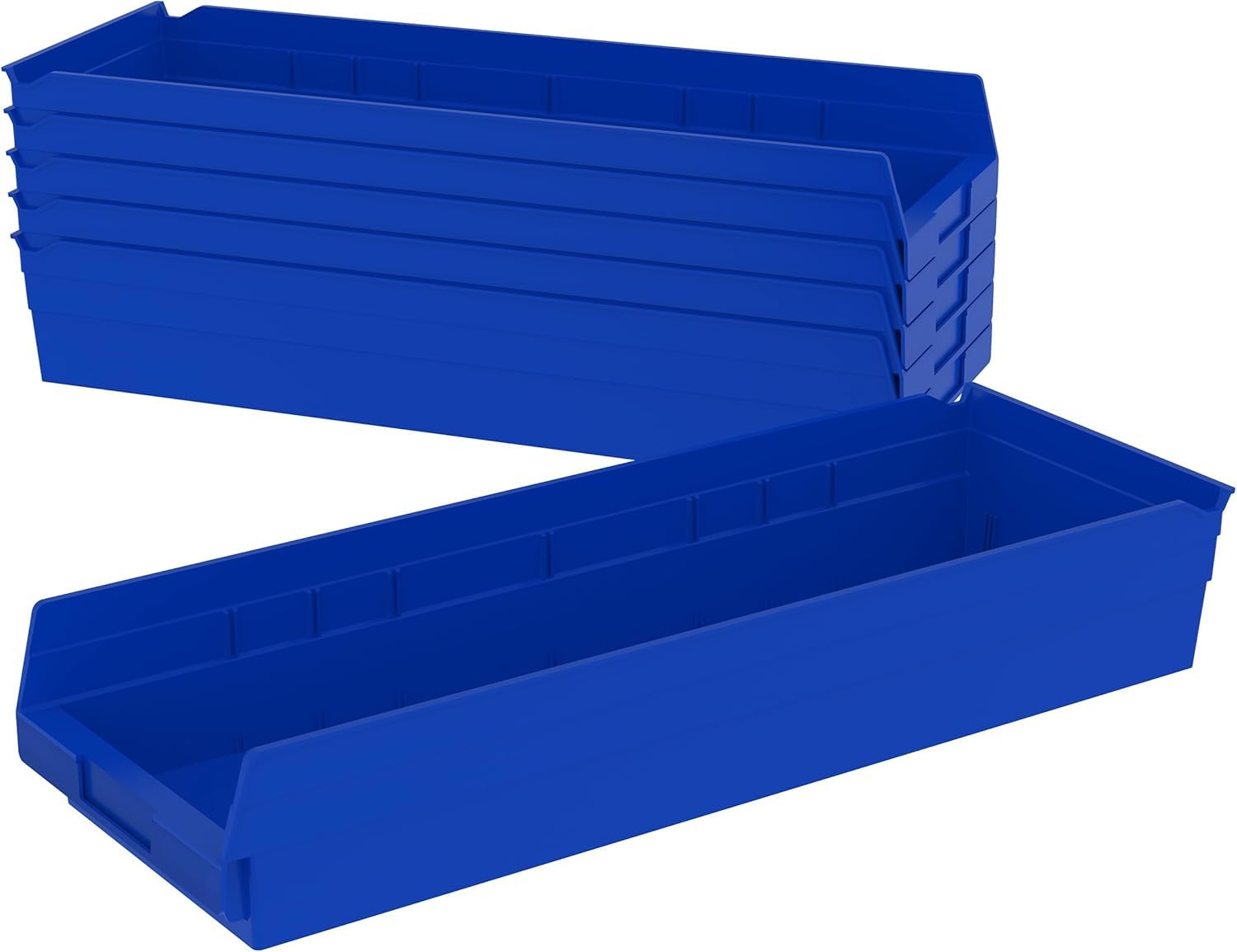 30184 Plastic Shelf Bins, Heavy Duty Storage Bins for Garage, Closet, and Drawer Organization, 24-Inch x 8-Inch x 4-Inch, Blue, 6-Pack
