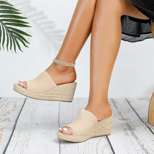 Knit Platform Sandals, Comfortable Slip On Slide Sandals, Square Open Toe Wedge for Women Summer Beach Casual Outdoor Dress Platform Sandals2