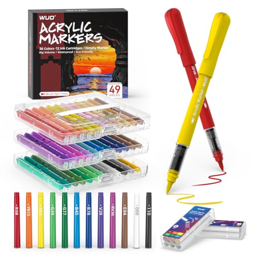 Image of WUO Acrylic Paint Markers, 36 Colors Water-Based No-Bleed Paint Pens with Brush Tip, Automatic Ink Control Markers for Rock Painting, Wood, Glass, Fabric DIY Art, 12 Extra Replaceable Ink Cartridges