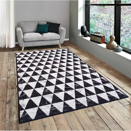 Image of Matz&More Geometric Marble Triangles Rug | 100x150 CM | Black White | Soft Nylon Loop Pile with Anti-Slip Gel Backing | Living Room, Bedroom & Office Floor Carpet