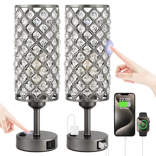 Image of Hong-in Gray Crystal Lamp Touch Control Set of 2, Crystal Table Lamps with USB C+A Ports & AC Outlet, 3-Way Dimmable Nightstand Touch Lamp, Modern Bedside Table Lamp for Bedroom(Bulbs Included)
