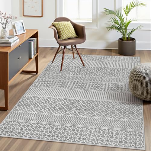 Lahome Farmhouse Geo 3x5 Rug Indoor Door Rug, Washable Gray Entry Way Rug Ultra Thin Entrance Area Rug, Moroccan Geometric Non-Slip Kitchen Rugs Floor Carpet for Laundry Room Bedroom Grey 3'