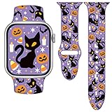 Vieeki Halloween Pumpkin Smiley Face Watch Band Compatible with Apple Watch Band 38mm 40mm 41mm 42mm 44mm 45mm 46mm for Women Men, Black Cats Soft Silicone Strap Replacement for iWatch Series SE 11 10 9 8 7 6 5 4 3 2 1
