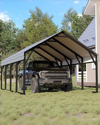 GarveeLife 12x20 ft Metal Carport, Reinforced Frame and Steel Roof for All-Weather Use, Permanent Shelter for Bass Boats, Full-Sized Pickup Trucks, and Tractors
