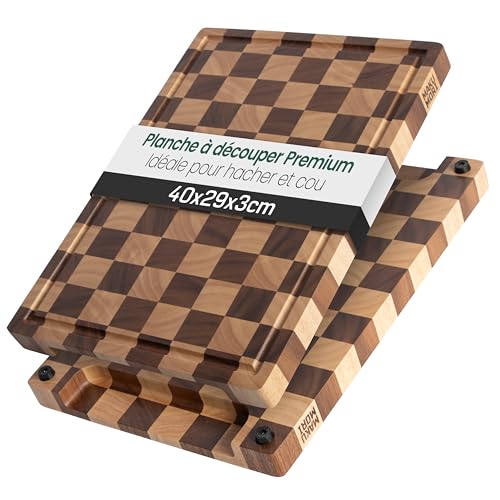 MAKUMORI Planche à découper de qualité supérieure en bois massif, bois de finition, grain fin 40 x 29 x 3 cm – à carreaux bicolore en bois d'acacia et...