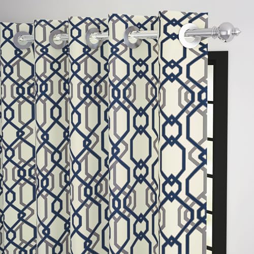 Image of Story@Home Cotton Curtain | Curtains 8 Feet Long Set of 2 | Geometric Printed | Bohemian Curtain | Room Darkening | Semi Long Door Curtains for Living Room | (116 X 242 Cm, White & Grey /Navy Blue)
