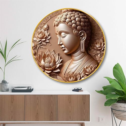 Livin'luxe Lord Buddha Round Wall Art | 3D Embossed MDF Panel | Peaceful Spiritual Wall Decor for Home, Living Room, Meditation Space & Office |Elegant Golden Rim Buddha Artwork (16 x 16 Inch) GRM-299