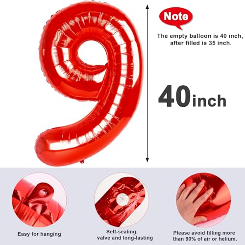 Image of 9 Balloon Numbers Birthday Decorations, 40In Red Balloons for Men Women | Eye-catching Appearance, Perfect Decorative Centerpieces, Convenient Self-sealing Structure, Widely for Various Occasions
