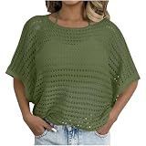 Green Crochet Tops for Women UK Beach Coverups Short Sleeve Batwing Tops Oversized T Shirts Round Neck Tshirts Swimsuit Bikini Cover Ups Hollow Out Crochet Top for Summer Holiday Beachwear