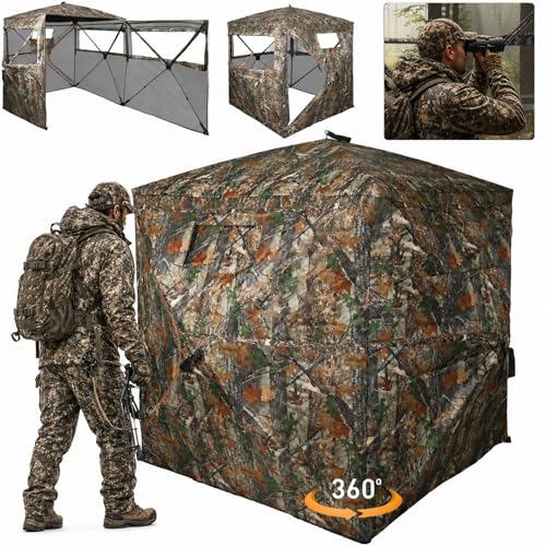 FUNHORUN Hunting Blind 360 Degree See Through Double Door Ground Blind for Hunting, 2/3 Person Pop Up Portable 58" Camouflage Deer/Turkey Tent with Blaze Orange Panels