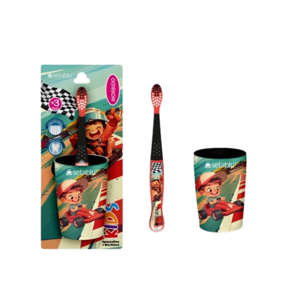 Setablu Set Spazzolino da Denti per Bambini con Portaspazzolino, Tema Pilota Corse Auto, +3 Anni con bicchiere incluso