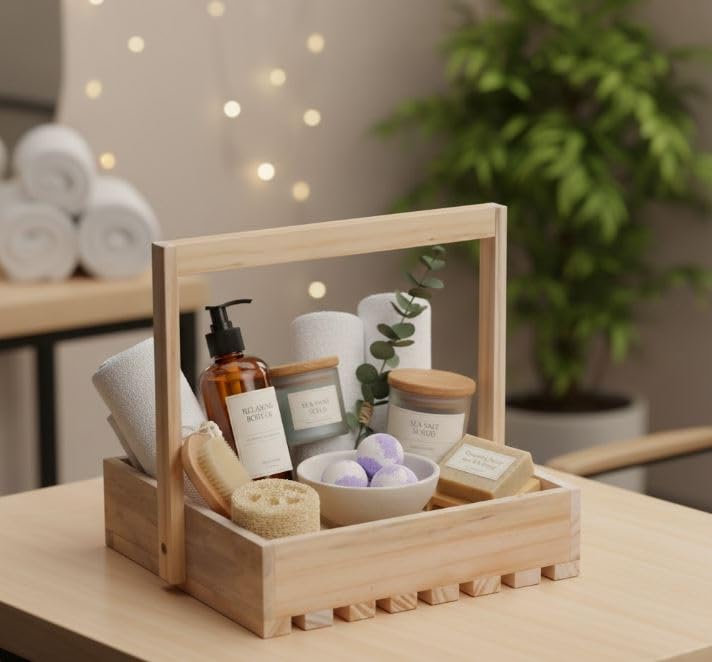 Wooden Gift Basket with Handle, Natural Pine Wood Storage Caddy, 30x30x5.08 cm, Decorative Organiser for Spa Products and Gourmet Gifts-image-11