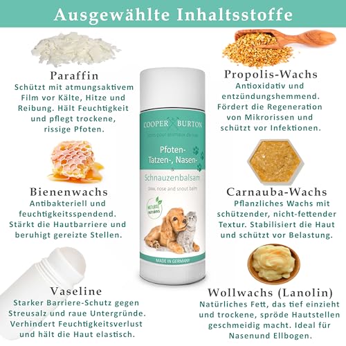 COOPER & BURTON Pfoten-, Nasen- & Schnauzenbalsam für Hunde & Katzen | Schutz vor Hitze, Kälte & Salz | Bienenwachs Propolis Carnaubau- u. Wollwachs | antibakteriell, sicher beim Ablecken | Made in DE