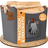 BLACK OAK Montana XL 60L Filzkorb & Holzkorb für Kaminholz - Echt-Leder Applikation + breite Griffe + Fronttasche extra groß - Filz Tasche Korb für Holz faltbar Transport & Aufbewahrung grau