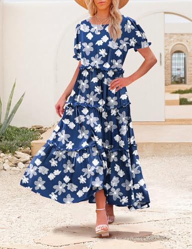Image of YESNO Summer Casual Bohemian Floral Dresses for Women Puff Short Sleeve Long Maxi Dress with Pockets ETX