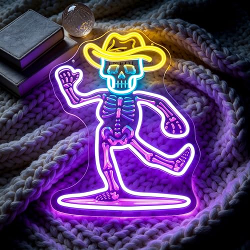Image of Purple&Yellow Neon Sign Led Neon Lights Signs for Wall Decor USB Powered Led Signs for Room Decoration-Cowboy Skeleton