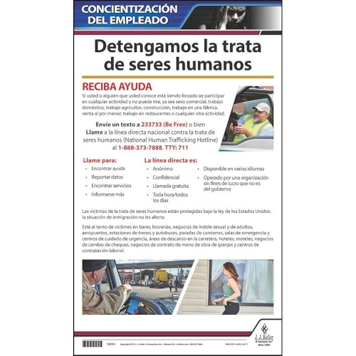 J. J. Keller & Associates, Inc. Human Trafficking Driver Awareness Poster, Laminated, National Hotline Info & High-Risk Location Guide, 11.75" x 20", Spanish