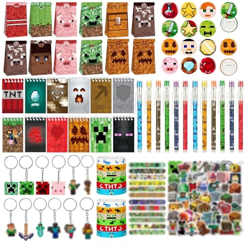 Defresit 152-teiliges Pixel Party Mitgebsel Set für 12 Gäste Gastgeschenke zum Geburtstag mit Geschenktüten Armbändern Schlüsselanhängern Buttons Stickern Notizblöcken und Bleistiften