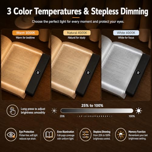 Image of 2 in 1 Smart LED Book Light & Night Light, with 3 Colors, Stepless Dimming | Rechargeable Clear Full Page Reading Light with Timer, Eye-Friendly Gifts for Readers, Students, Seniors & Book Lovers, Black